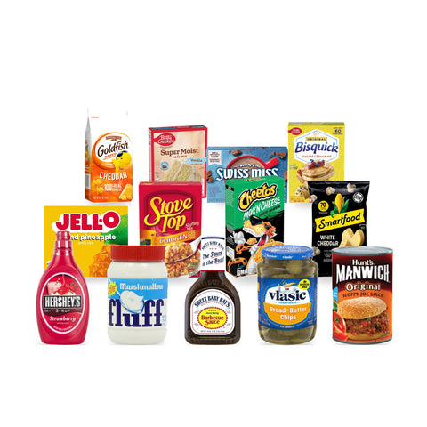 American groceries — Jell-O, Goldfish, Hershey’s syrup, Marshmallow Fluff and Stove Top