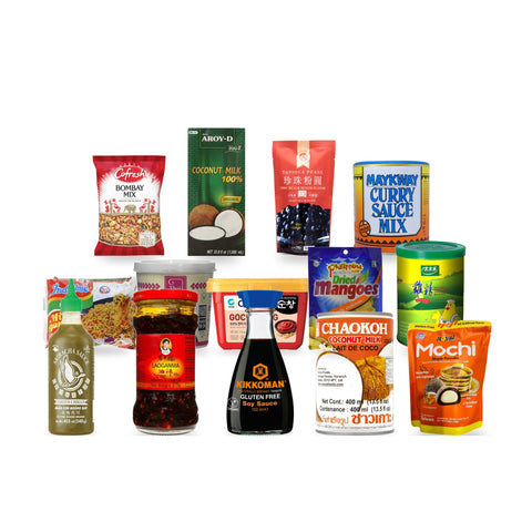 Asian pantry staples — soy sauce, chilli oil, curry pastes, coconut milk and mochi